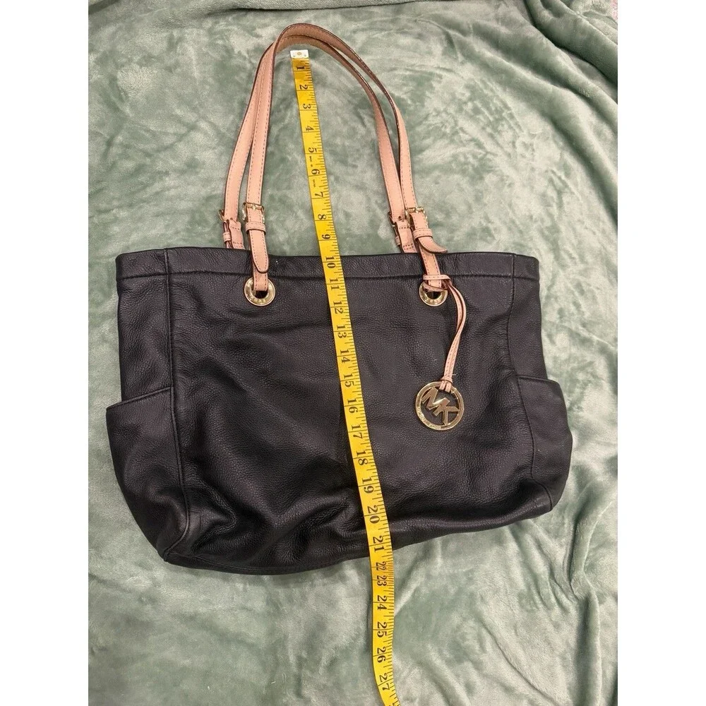 Michael Kors Black Pebbled Leather Tote Bag Pink Blush Straps Shoulder Purse Bag - Picture 5 of 8